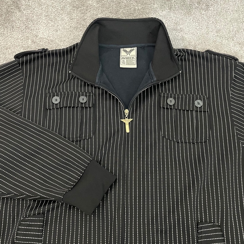 Avirex Jacket Mens Extra Large Track Pinstripe Full Zip Epaulets Mock Neck Black
